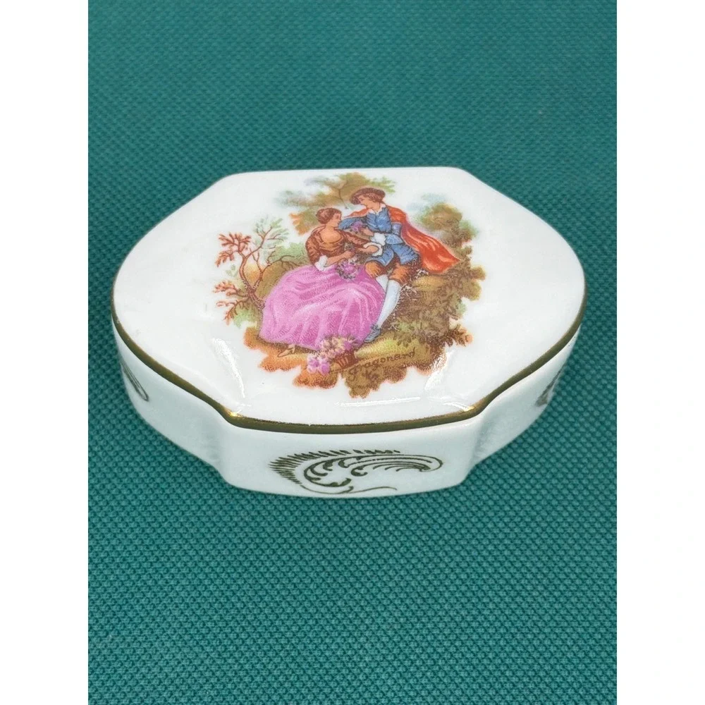 R Sechet Limoges France Porcelain Trinket Box Fragonard Courting Couple Hexagon